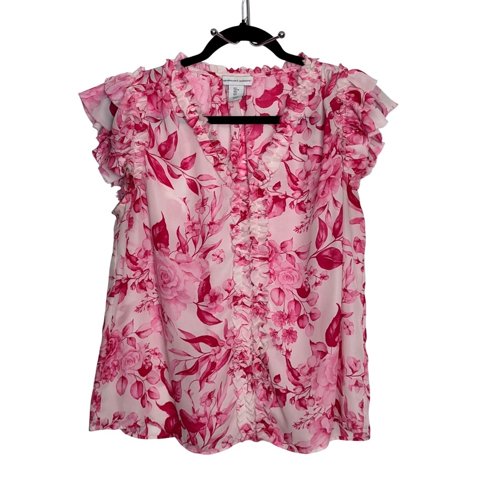 Cupcakes and Cashmere Pink‎ Floral Ruffle Cap Sleeve V-Neck Chiffon Blouse Large